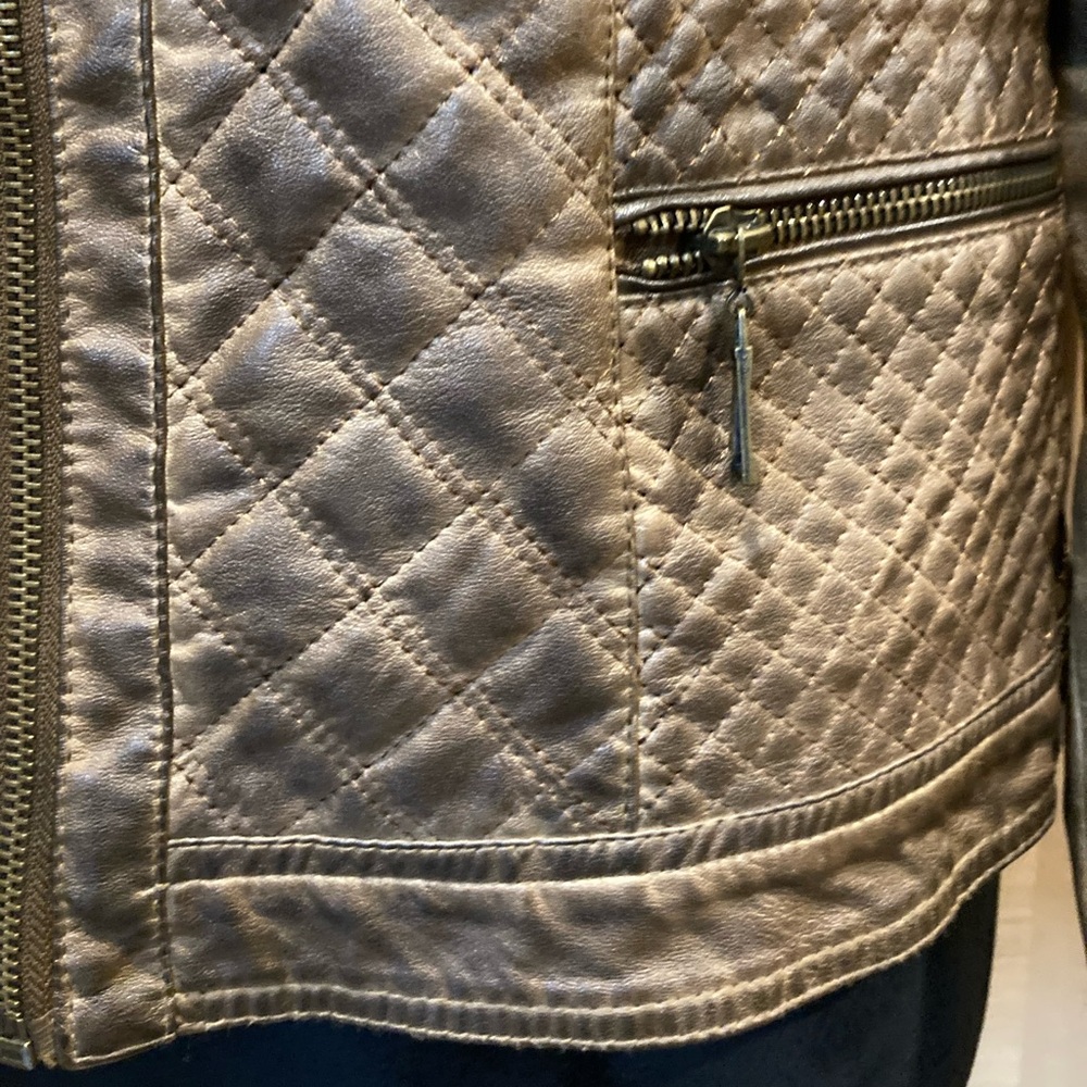 Jou Jou Women's Brown Quilted Faux Leather Moto Jacket Grunge Distressed Large - Picture 14 of 16